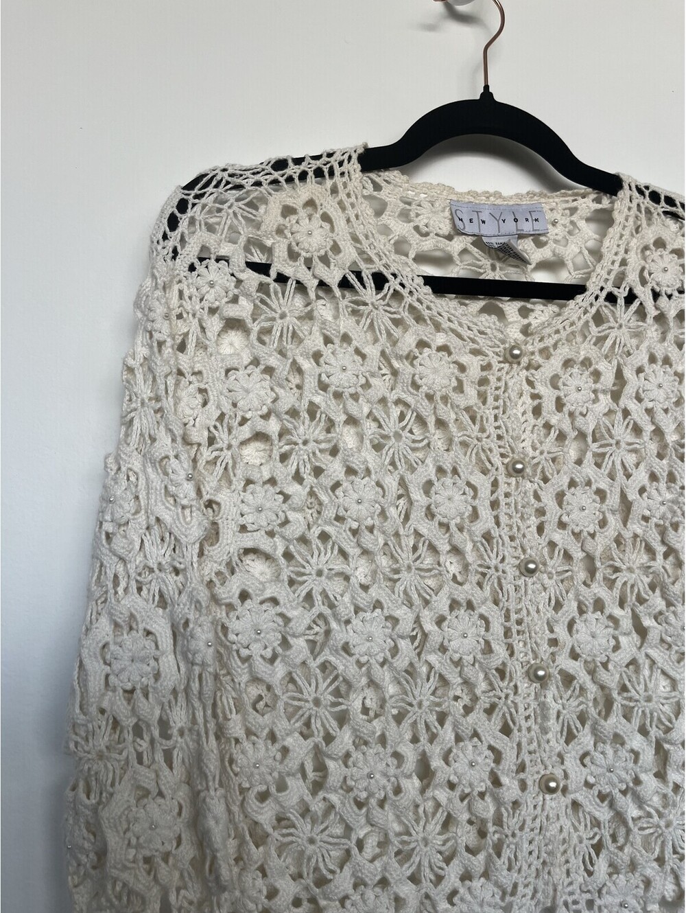 Vintage 90s Style New York Ramie-Cotton Lace Knit Top Cream Large - Picture 2 of 7